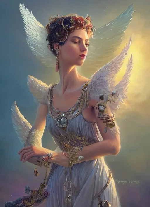 Image similar to A beautiful digital painting of a female angel full of jewels, princess, the moon behind her, intricate, cinematic lighting, highly detailed, digital painting, Artstation, concept art, smooth, sharp focus, illustration, art by Tom Bagshaw, Artgerm and Greg Rutkowski