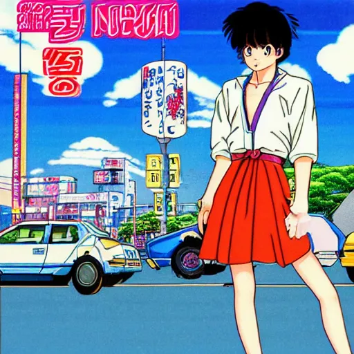 Prompt: album - cover of a 1 9 8 0 s japanese city - pop record featuring an anime illustration by akira toriyama. cute stylish woman ; sports car ; neon ; urban summer drive.