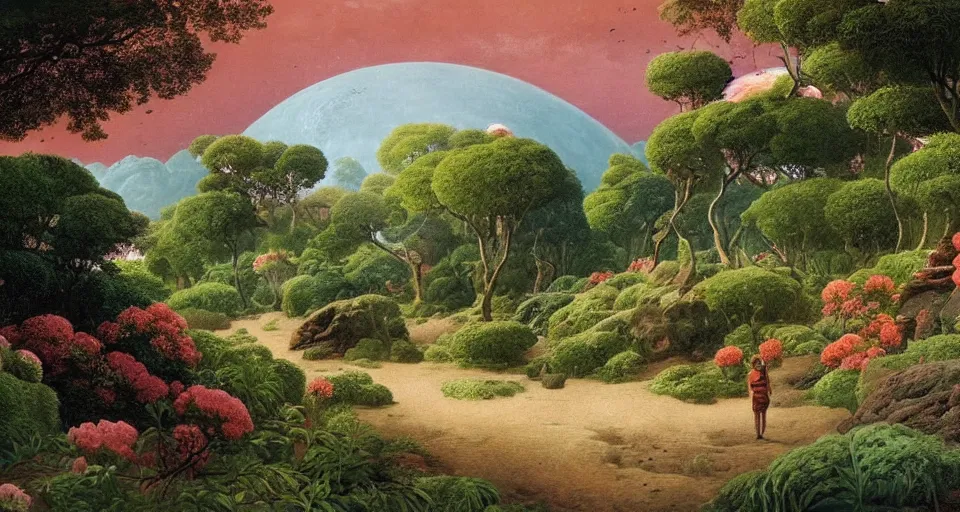 Prompt: a landscape on the moon with many craters, people walk along the paths, a beautiful flowering garden, birds, a lot of exotic vegetations and trees, intricate detaild, dim muted colors, 8 k, in the style of martin johnson heade and roger dean