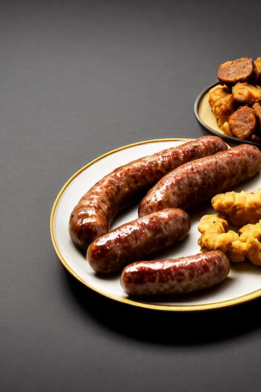 Image similar to nugget and sausage on plate, high resolution, photorealistic, smooth, details, 4 k, aesthetic lighting, baroque object, sharp focus, hyperdetailed object, professional photography, pullitzer winning, 8 0 0 mm lens, photo by : canon eos 5 d mark iv, by karah mew and adnan abidi and jodie bateman