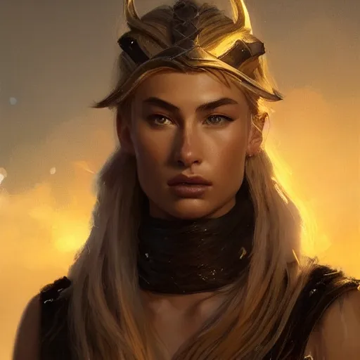 Prompt: a beautiful Norse Warrior based on Hailey Baldwin with glowing aura by Greg Rutkowski and Raymond Swanland, Trending on Artstation, cloudy background, ultra realistic digital art
