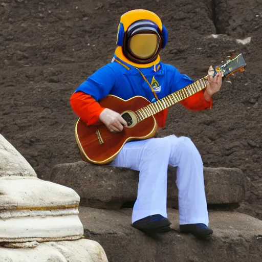 Image similar to an astronaut playing guitar at the Cholula pyramid