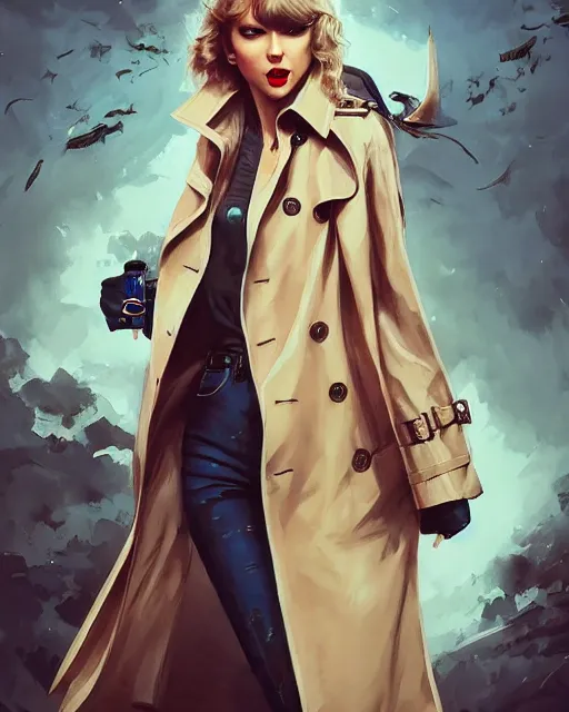 Prompt: taylor swift wearing fashionable trench coat, jesper ejsing, artgerm, ismail inceoglu, tom whalen