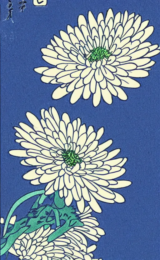 Image similar to by akio watanabe, manga art, a chrysanthemum flower inside a blue and flat sake cup, trading card front