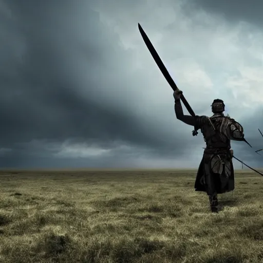 Prompt: epic wide shot of a warrior standing with his sword drawn before the approaching enemy army, dark clouds