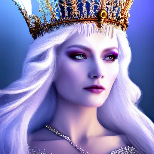 Image similar to beautiful ice queen with ornate crown and robes highly detailed, 4k, HDR, smooth, sharp focus, hyper realistic, high resolution