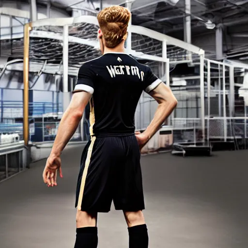 Image similar to a realistic detailed photo of a guy who is an attractive humanoid who is half robot and half humanoid, who is a male android, soccer players martin ødegaardtimo werner, shiny skin, posing like a statue, blank stare, in a factory, on display, showing off his muscles, gold soccer shorts, side view, looking at each other mindlessly
