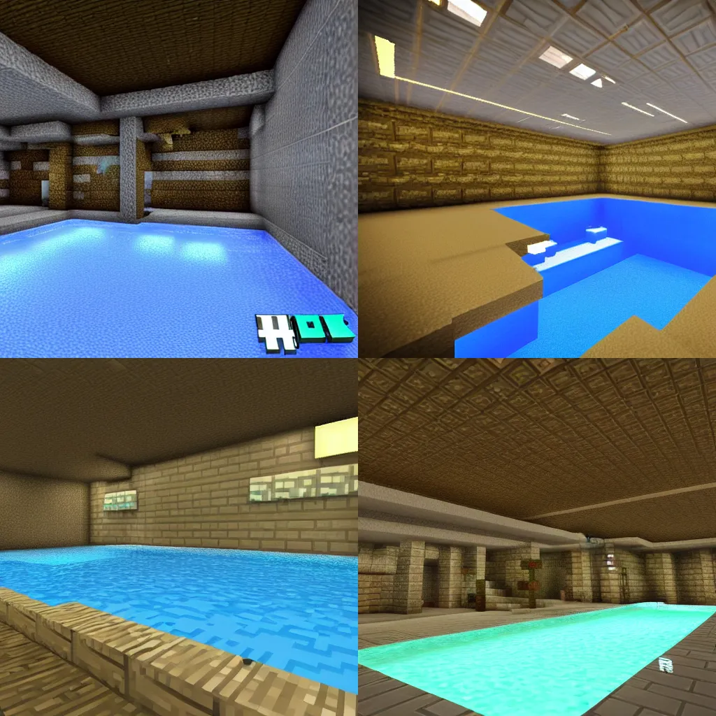 Prompt: a minecraft-themed indoor pool with cheap fluorescent lighting and low render distance