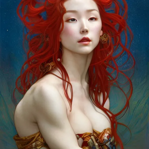 Prompt: portrait of Asuka Soryu with red long wavy hair drawn by Donato Giancola and Tom Bagshaw and Julie Bell, face by Artgerm, overall design by Alphonse Mucha, background by James Jean and Gustav Klimt, 4k, porcelain skin, komorebi, french nouveau, trending on artstation, octane render, hyperrealistic