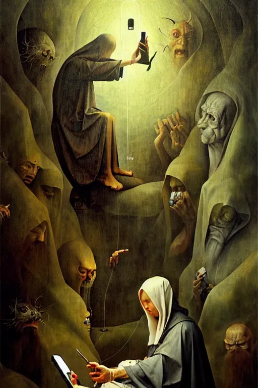 Image similar to hieronymus bosch, greg rutkowski, anna podedworna, painting of god using a cellphone