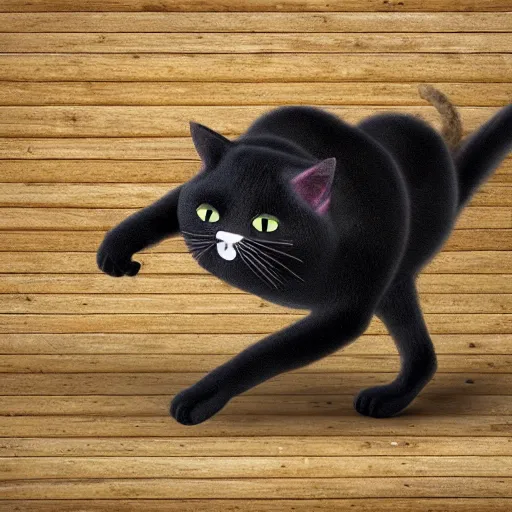 Prompt: highly detailed and photorealistic anthropomorphic chubby black cat dancing around a long and thin scratchpost