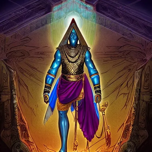 Prompt: osiris the god standing before a pyramid, d & d style, trending on artstation, colorful, intricate, art by kev chan