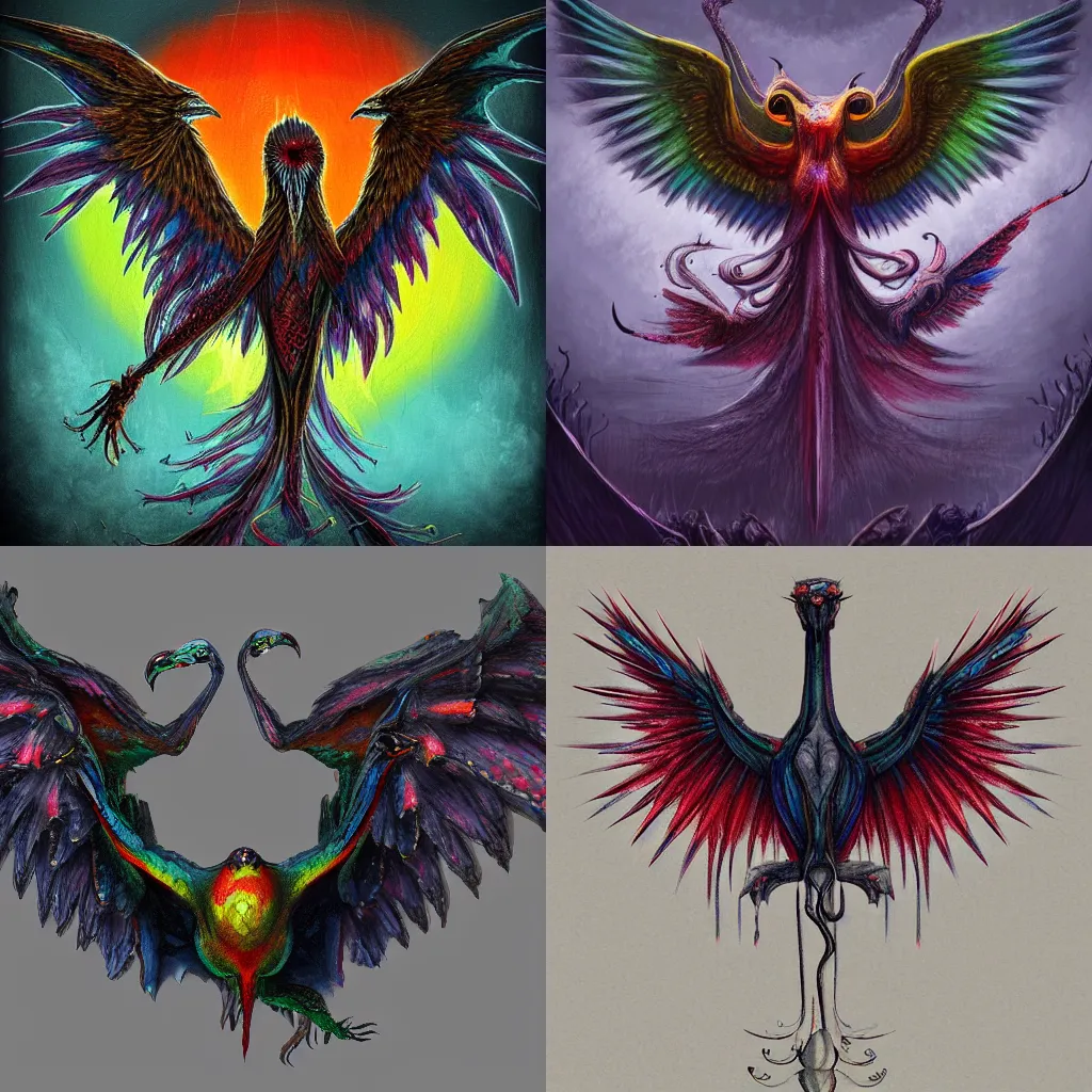 Prompt: rainbow three headed bird, a result of different mythical birds merged in the same body, mutated in the style of bloodborne, dark fantasy art, featured on artstation, daily deviation, detailed, sharp focus