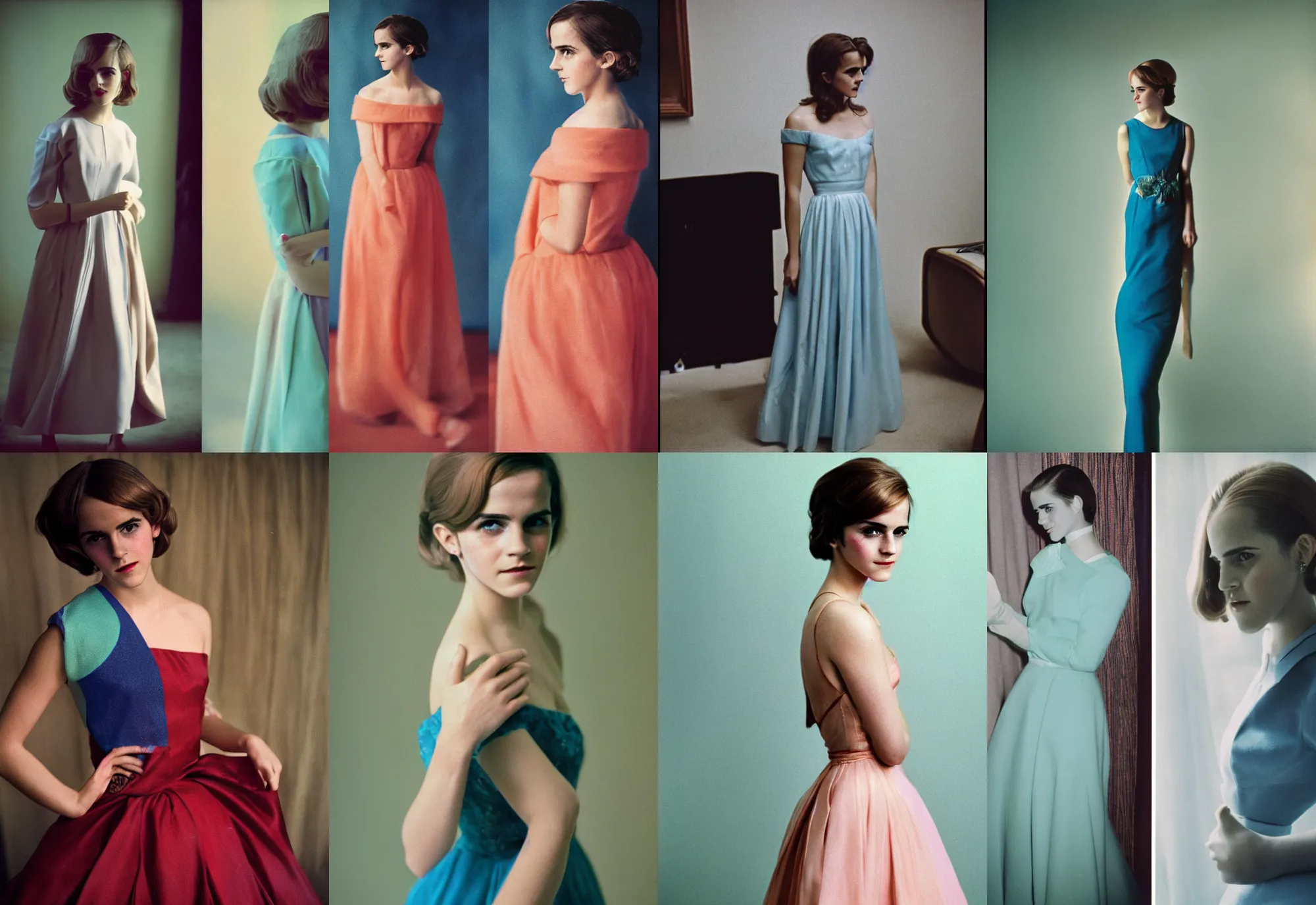 Prompt: Retro color photography 1960s fashion photoshoot of Emma Watson in gown Cinestill 800T, 1/2 pro mist filter, and 65mm 1.5x anamorphic lens