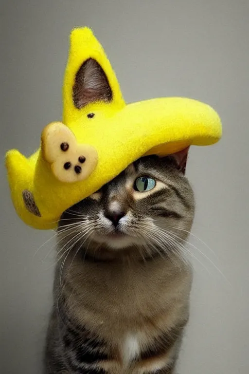 Image similar to realistic photo of an adorable cat wearing a banana hat, highly detailed,