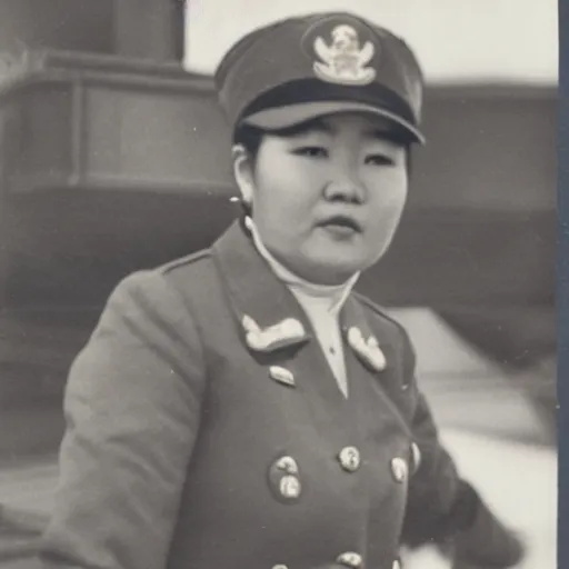 Image similar to Young Mongolian female Navy Admiral wearing a mess jacket, white waistcoat, gold-laced trousers, and a peaked cap, on the deck of a ship