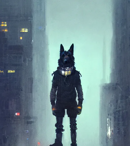 Image similar to new york city portrait of furry anthro anthropomorphic german shepard head animal person fursona wearing clothes strange cybernetic muzzle gloomy rainy cyberpunk digital art by Greg Rutkowski, Simon Stalenhag, christopher nolan trending on Artstation, CGSociety