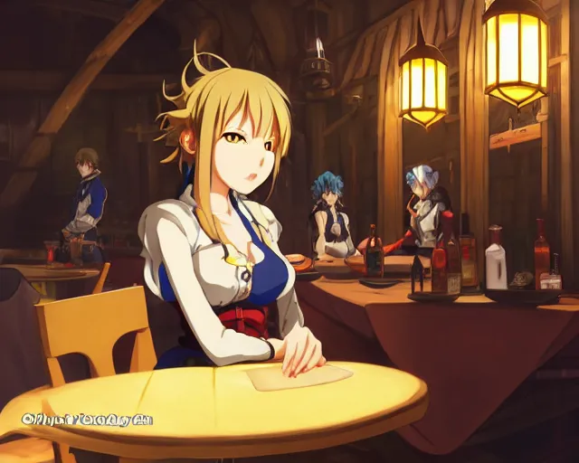 Image similar to anime visual, portrait of a young female in a busy fantasy medieval tavern interior at night, face by yoh yoshinari, murata range, last exile, blue submarine no 6, dynamic pose, dynamic perspective, detailed silhouette, rich texture, seven deadly sins anime, flat, anime cels, matte color, flat lighting on face, rounded eyes