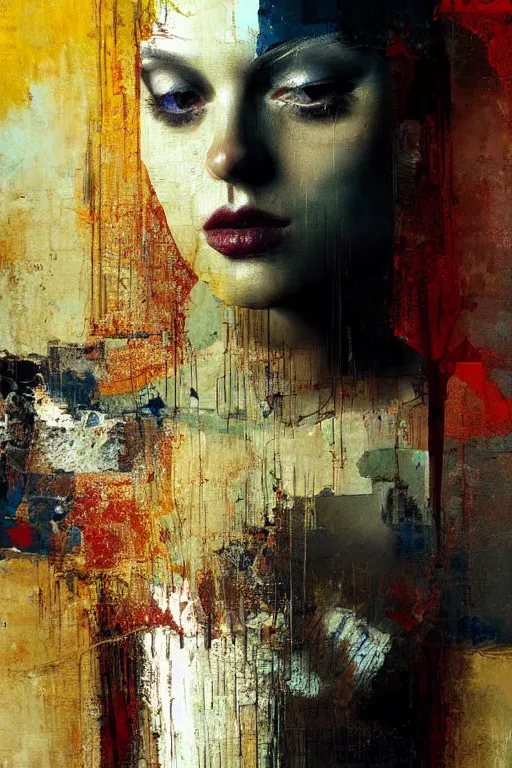 Image similar to a beautiful glitched painting by christian hook of a woman in a bathroom, metal rust and plaster materials, brushstrokes by jeremy mann, still life, dark colors