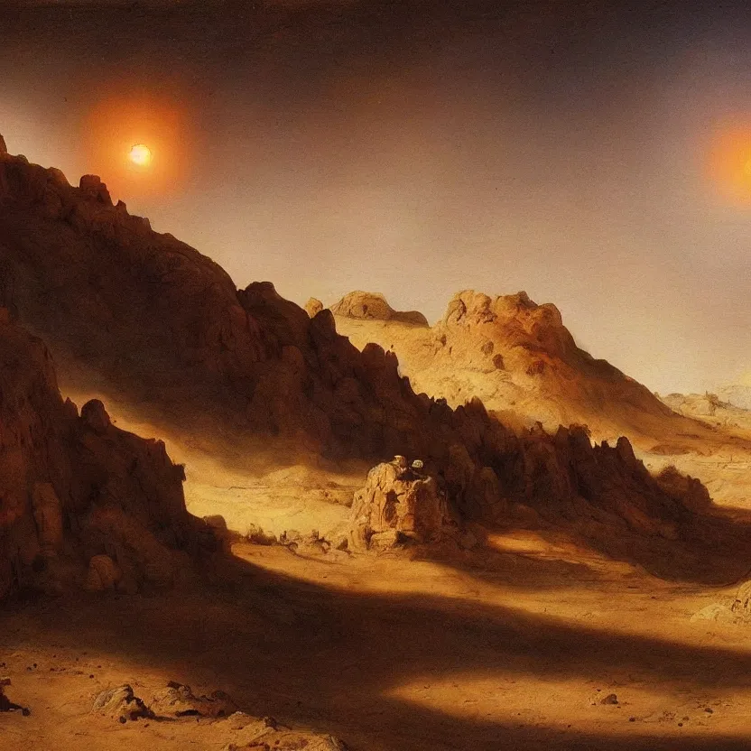 Prompt: A landscape painting of the Star Wars desert planet Tatooine by Rembrandt van Rijn; beautiful!!!!!!!!!!