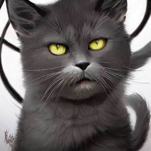 Image similar to a big dark angry powerful menacing grey cat with white belly, white paws and white face markings with long fur and fluffy tail sitting, intricate, elegant, highly detailed, digital painting, artstation, concept art, matte, sharp focus, illustration, art by Artgerm and Greg Rutkowski and Alphonse Mucha