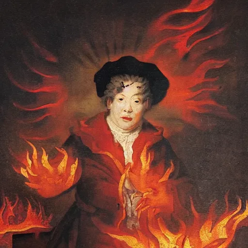 Prompt: 18th century historical painting representing Justin Sun as the Devil, surrounded by flames, royal commission, by Joshua Reynolds, Louvre museum catalog photography