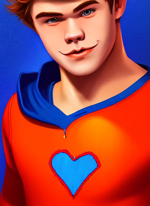 Image similar to friendly teenage archie andrews wearing an orange superhero costume with heart logo, heart, freckles, blue cape, heart emblem on chest, blue cape, intricate, elegant, glowing lights, highly detailed, digital painting, artstation, sharp focus, illustration, art by wlop, mars ravelo and greg rutkowski