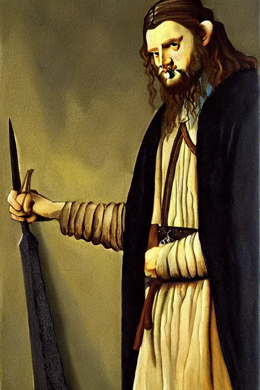 Prompt: attractive male, the lord of the rings, painting by johannes vermeer