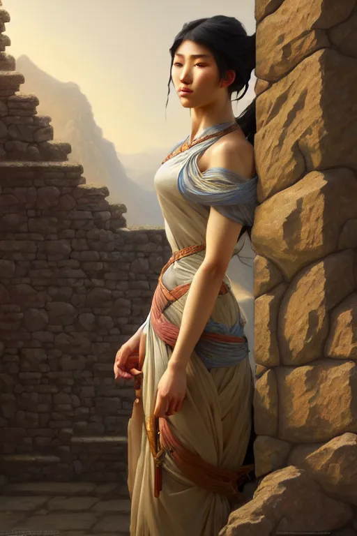 Image similar to beautiful digital painting of a young asian model stone wall with high detail, 8 k, stunning detail, works by artgerm, greg rutkowski and alphonse mucha, unreal engine 5, 4 k uhd