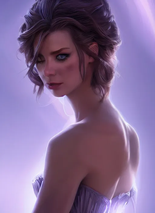 Image similar to beautiful fashion goddness, strapless dress, character portrait in the style of thomas river and artgerm, wlop, cinematic lighting, hyperdetailed, 8 k realistic, symmetrical, global illumination, radiant light, halo, love and mercy, frostbite 3 engine, cryengine, dof, trending on artstation, digital art, chanel