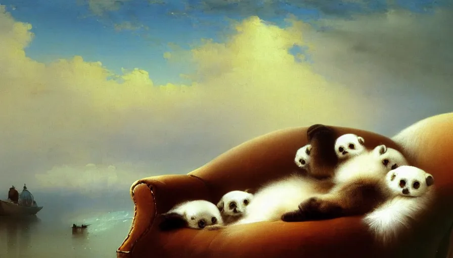 Image similar to highly detailed painting of cute furry white baby seals cuddling up on a brown leather sofa with ice by ivan aivazovsky, thick brush strokes and visible paint layers, 4 k resolution, lounge background