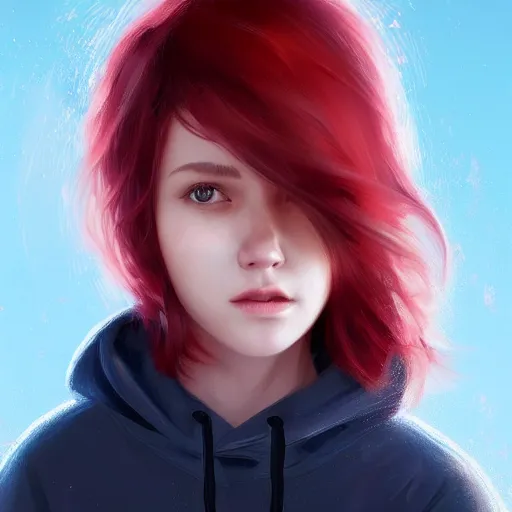 Prompt: a girl with short red hair wearing a hoodie, digital art, very beautiful face, pretty face, very detailed eyes, full body illustration, 8 k resolution, soft painting, by greg rutkowski, wlop, rossdraws,