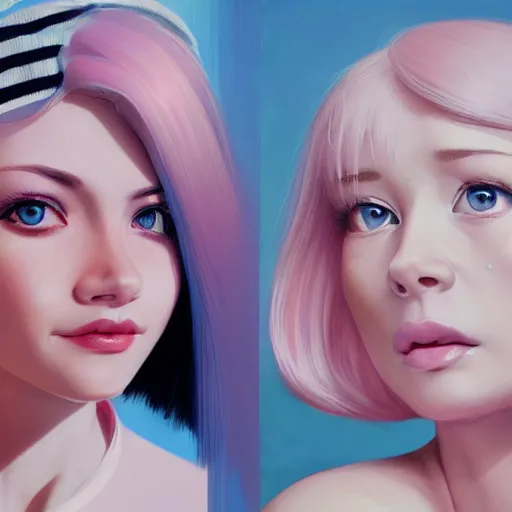 Image similar to smirking woman with cute - fine - face, pretty face, white and pink hair, realistic shaded perfect face, extremely fine details, by realistic shaded lighting, dynamic background, poster by ilya kuvshinov katsuhiro otomo, magali villeneuve, artgerm, jeremy lipkin and michael garmash and rob rey, pascal blanche, kan liu