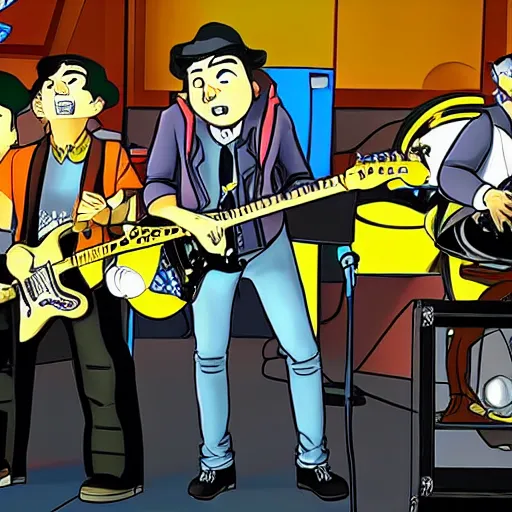 Image similar to bumblebee on stage singing with the band in the style of archies cartoon, high resolution, unreal engine