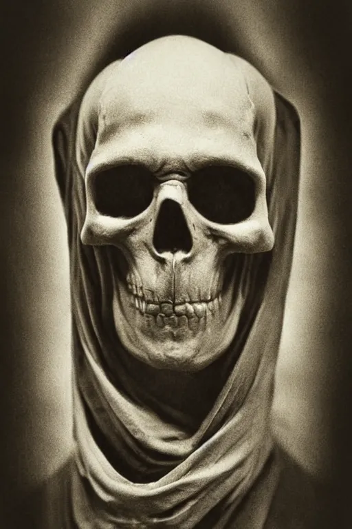 Image similar to skeletor, portrait, full body, symmetrical features, silver iodide, 1 8 8 0 photograph, sepia tone, aged paper, sergio leone, master prime lenses, cinematic