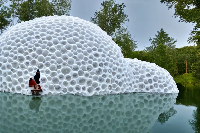 Image similar to a building formed by many white bubble shaped spaces arranged and combined, on the calm lake, people's perspective