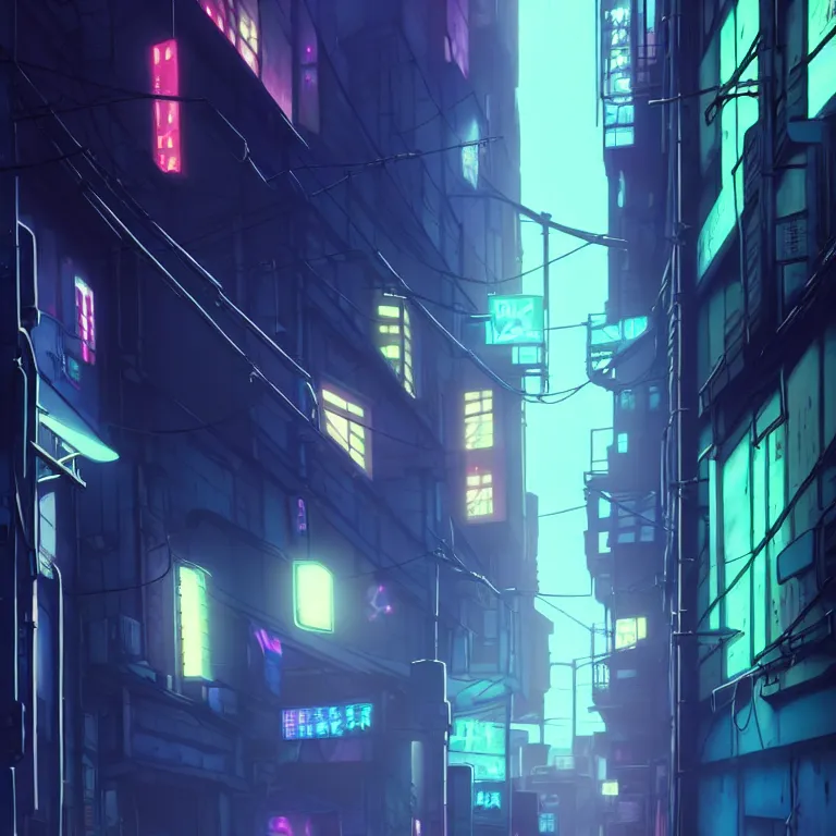 Image similar to city alleyway in the atmospheric cyberpunk anime film, gouache matte background painting, neon noir, at night with lights, by makoto shinkai, in the anime series ergo proxy, beautiful specular edge highlights and rim lighting