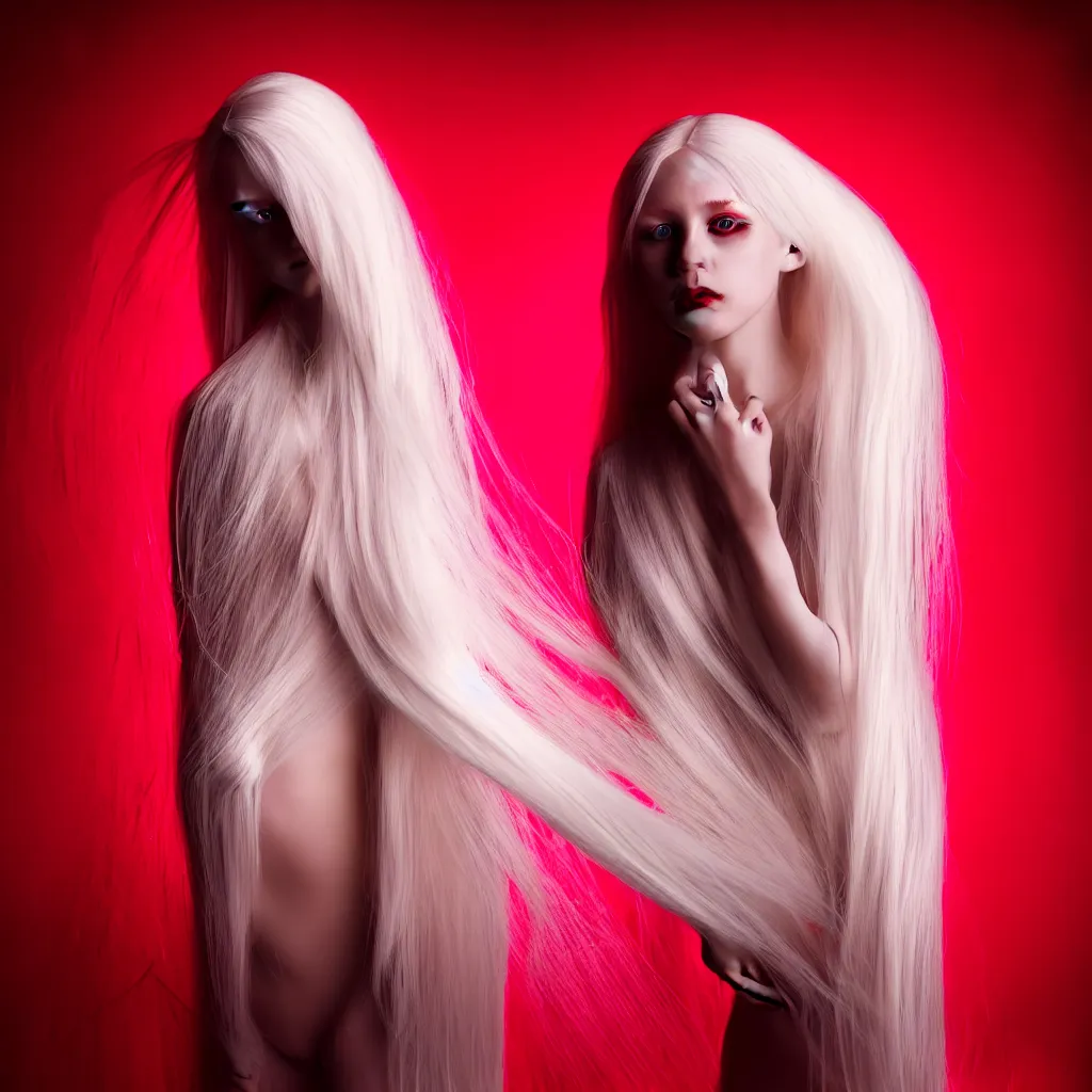 Image similar to a young woman with long blond hair dressed in long white, fine art photography light painting in style of Paolo Roversi, professional studio lighting, dark red background, hyper realistic photography, fashion magazine style