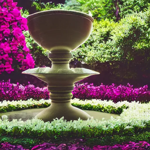 Prompt: photograph of flower fountain designed by Georgia O'Keefe, feminine, beautiful, curvy, flowers background, romantic, sensual, shallow depth of field, romantic lighting