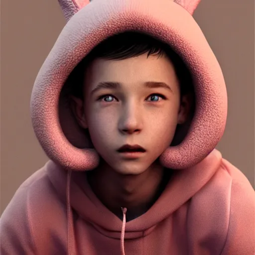 Image similar to ultra realistic illustration, young man in a pink sweatshirt, brown hair, pink bunny ears, cute, highly detailed, artstation, concept art, smooth, sharp focus, octane render, unreal engine 5, hyperrealism