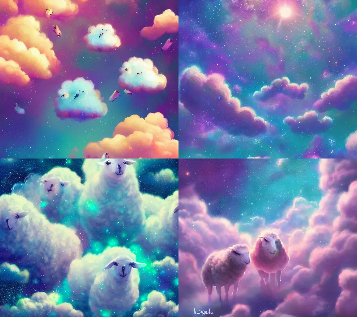 Image similar to cute flock of sheep that are jumping on clouds of nebula in a vast galaxy of colorful sparkling stars, grazing on cotton lumps of the cloud, beautiful clear detailed digital art, detailed detailed detailed, by Gravity Falls, by Louyang Zhang Artstation