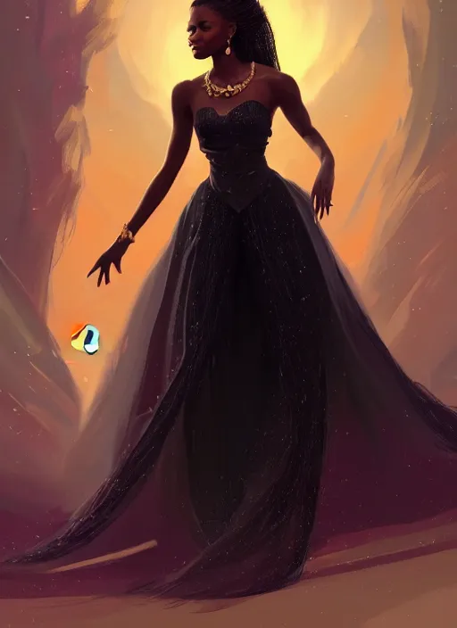 Prompt: full body portrait of young black woman as a princess, beautiful long flowing gown, intricate, beautiful gleaming jewels, highly detailed, digital painting, artstation, concept art, smooth, sharp focus, illustration, art by wlop, mars ravelo and greg rutkowski