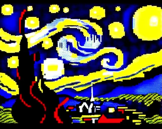 Image similar to Red green and black color scheme Starry Night by van Gogh, re imagined as 8 bit pixel art.