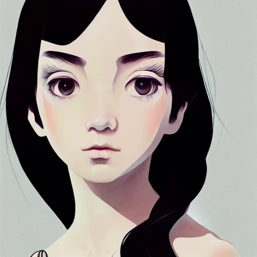 Image similar to little girl with flowers on her long black hair, dressed in a simple white dress, anime art style, digital artwork made by ilya kuvshinov, inspired in balthus
