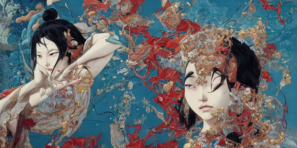 Prompt: orientalism painting by james jean and katsuhiro otomo and erik jones, inspired by akira anime, smooth face feature, intricate oil painting, high detail illustration, sharp high detail, manga and anime 1 9 9 9