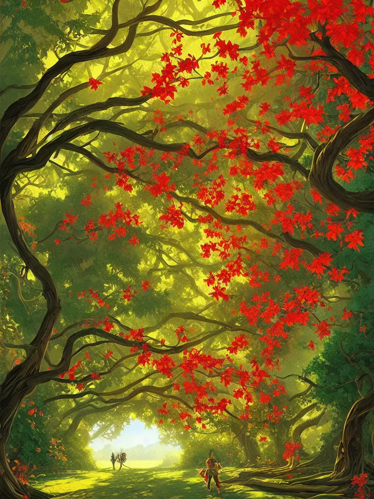 Prompt: a beautiful canopy of leaves and flowers , Digital Matte Illustration by RHADS and asher brown durand