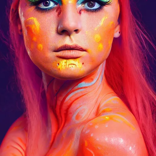 Image similar to young woman in a coral nymph costume, striking a pose, intricate hairstyle, professional fluorescent body paint, full body portrait, portrait photography photography by Karel Saudek, Portra 400, high definition, large props, eye catching, award winning, 4K UHD