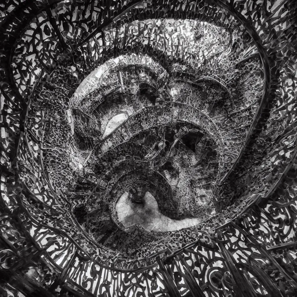 Image similar to , grand spiral stairs going down deep in a dark hole, baroque, by antoni gaudi and greg rutkowski, dramatic volumetric cinematic light, chiaroscuro, cinematic, high quality, high detailed, detailed patterns pop art