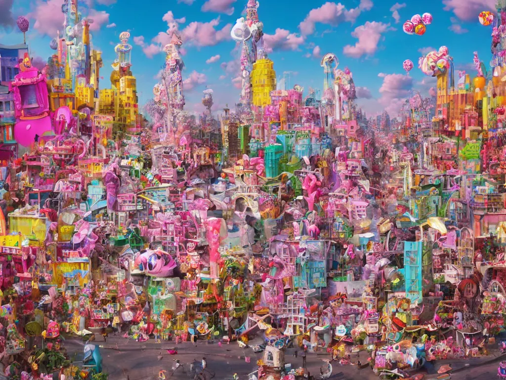 Image similar to an urban landscape where the buildings are made of candies, cotton candy, marshmallow and sweets, david lachapelle, alice in wonderland, trending on artstation,