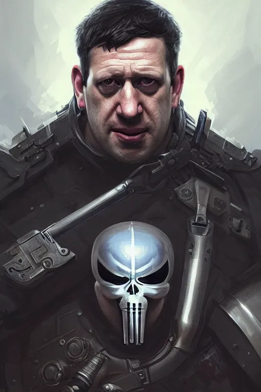 Image similar to Boris Johnson as Punisher, armor plate, realistic portrait, symmetrical, highly detailed, digital painting, artstation, concept art, smooth, sharp focus, illustration, cinematic lighting, art by artgerm and greg rutkowski and alphonse mucha